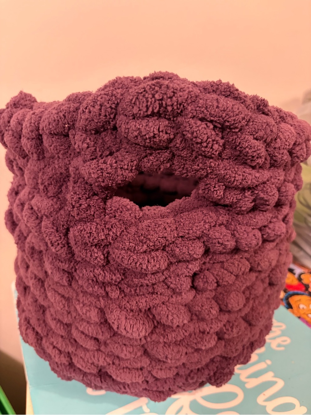 Handmade Plush Chunky Knit Storage Basket - Burgundy